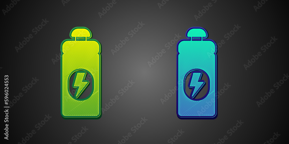 Green and blue Fitness shaker icon isolated on black background. Sports shaker bottle with lid for water and protein cocktails. Vector Green and blue Fitness shaker icon isolated on black background. Sports shaker bottle with lid for water and protein cocktails. Vector