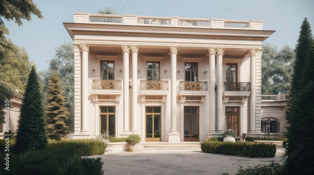 Neoclassical exterior house design in daytime golden hour generative ai