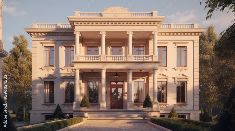 Obraz premium Neoclassical exterior house design in daytime golden hour generative ai
