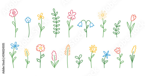 Summer set of flowers, leaves, branches, herbs, hand draw. Spring and summer collection. Vector flowers isolated on a white background. Suitable for postcards, banners, wedding invitations.