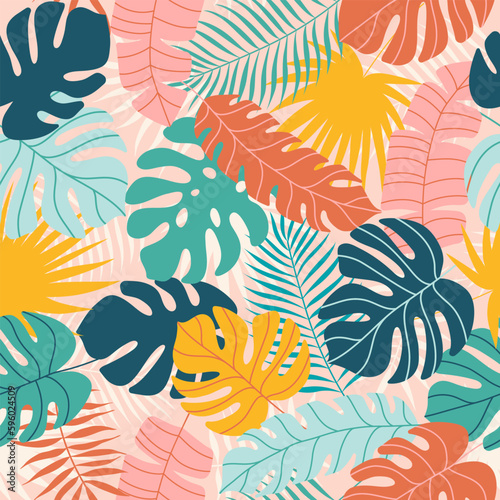 Vector seamless pattern with hand drawn tropical leaves, collage contemporary. Jungle pattern. Modern trendy design for paper, cover, fabric, interior decor, clothes, wrapping paper.