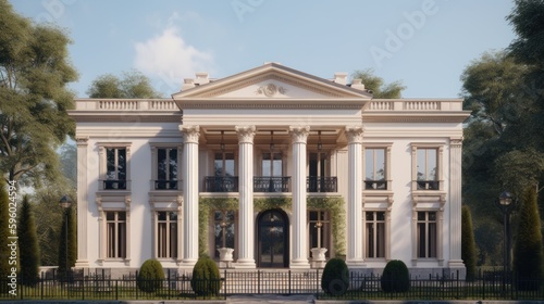 Neoclassical exterior house design in daytime golden hour generative ai
