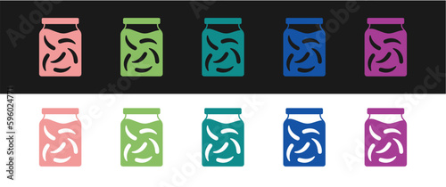 Set Pickled cucumbers in a jar icon isolated on black and white background. Vector