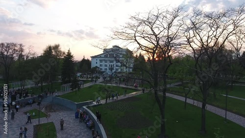 Mariupol, Ukraine - April 27, 2019: Drama Theatre at sunset and square from above Destroyed in 2022 Generative AI