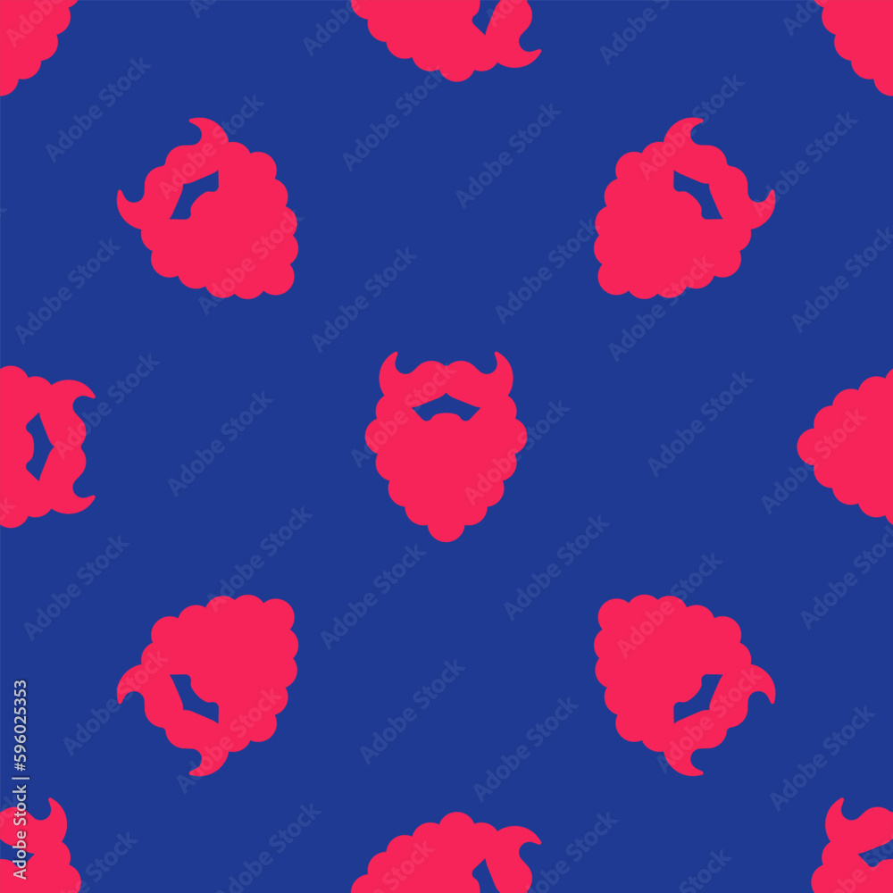 Red Mustache and beard icon isolated seamless pattern on blue background. Barbershop symbol. Facial hair style. Vector