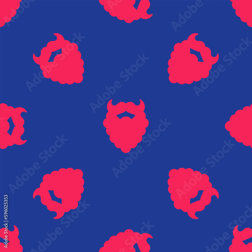 Red Mustache and beard icon isolated seamless pattern on blue background. Barbershop symbol. Facial hair style. Vector