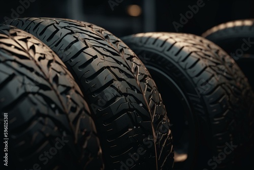 A detailed close-up of five dark tires. Generative AI