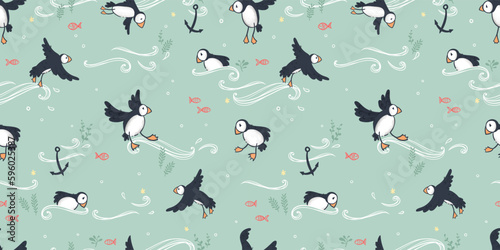 Cute hand drawn puffin seamless pattern, lovely doodle birds background, great for textiles, banners, wallpapers - vector design