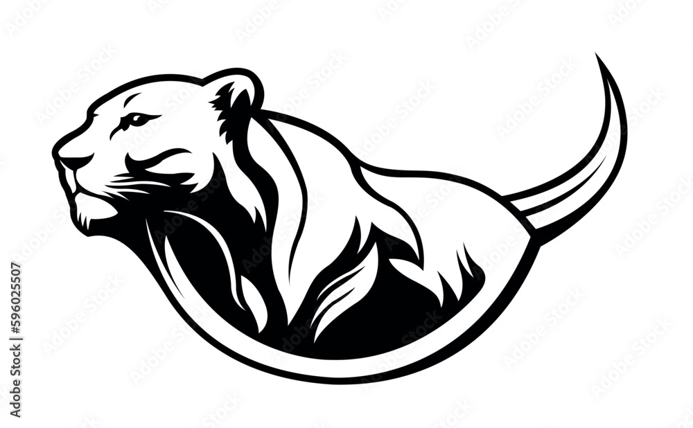 Lioness body logo template design line art vector illustration isolated on black background. Female lion brand identity logotype design.
