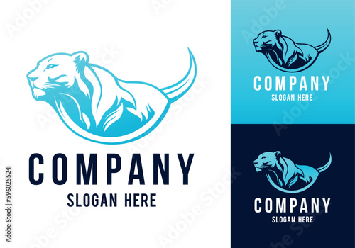 Female lion body vector art image business company logo template, lioness brand identity logotype on white and dark backgrounds.