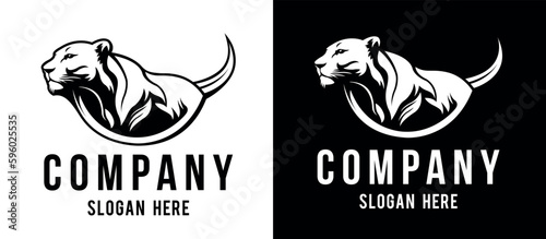 Lion company logo vector line art illustration on black and white background. Lioness business logo design.