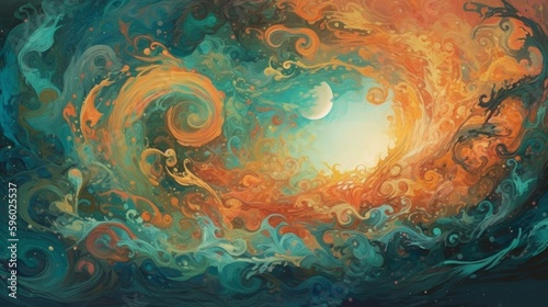  Colorful Nebula: A Celestial Dance of Complementary Turquoise and Peach Swirls, Capturing the Essence of Cosmic Serenity in a Vibrant and Professional Abstract Design 