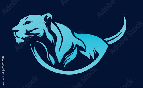 Lioness vector line art illustration isolated on dark background. Female lion body business logo design template.