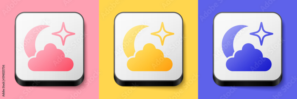 Isometric Moon and stars icon isolated on pink, yellow and blue background. Cloudy night sign. Sleep dreams symbol. Full moon. Night or bed time sign. Square button. Vector Isometric Moon and stars icon isolated on pink, yellow and blue background. Cloudy night sign. Sleep dreams symbol. Full moon. Night or bed time sign. Square button. Vector