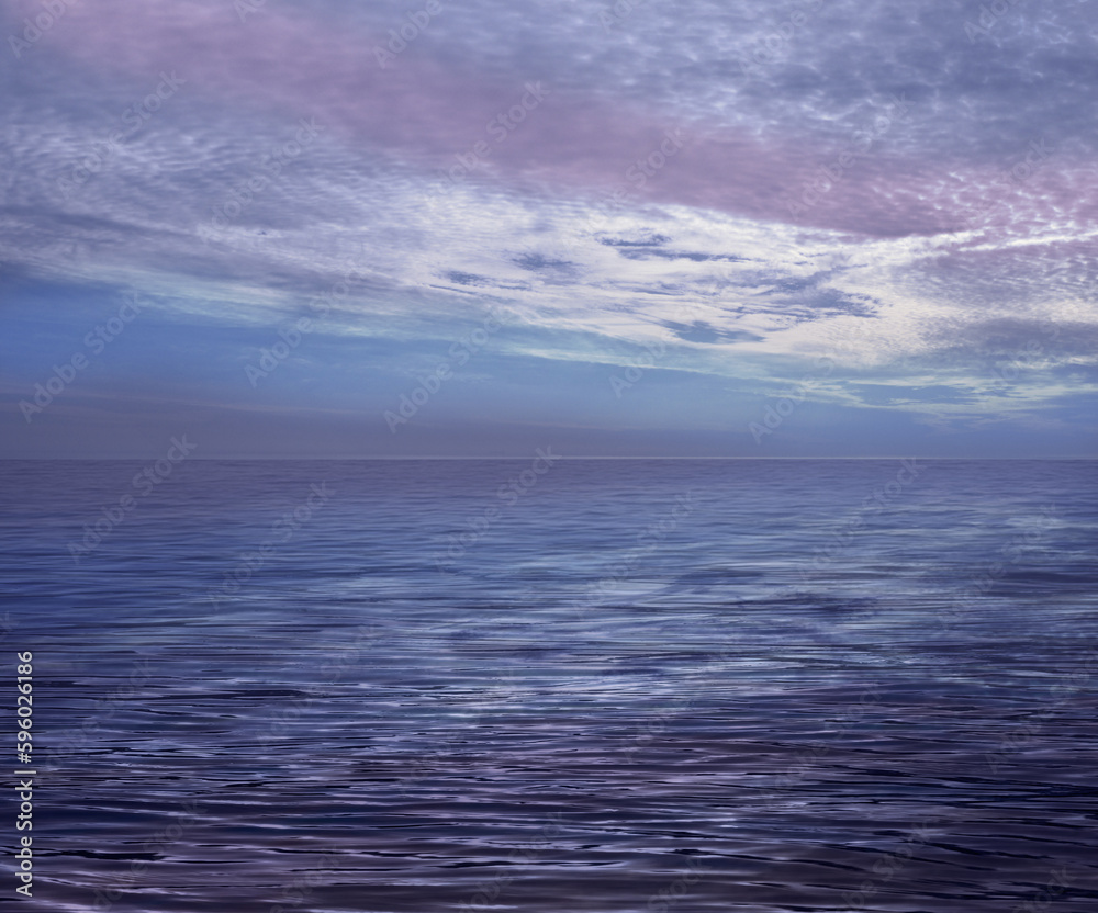 Beautiful atmospheric romantic cloudscape ocean horizon - lilac blue sea and moody clouds background ideal for a holistic, spiritual or holiday theme with cool calming colours and copy space for messa