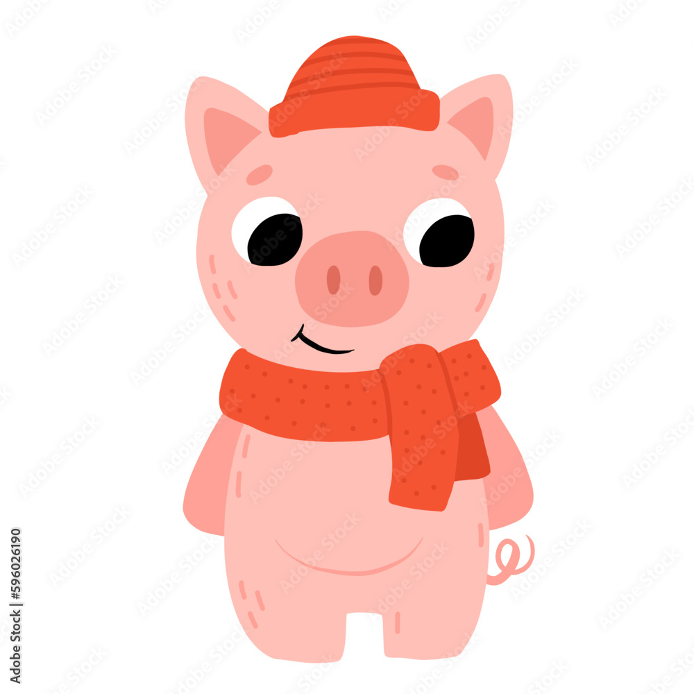 Cute cartoon baby pig with hat and scarf smiling. Isolated winter vector illustration for childrens book. Cute cartoon baby pig with hat and scarf smiling. Isolated winter vector illustration for childrens book.
