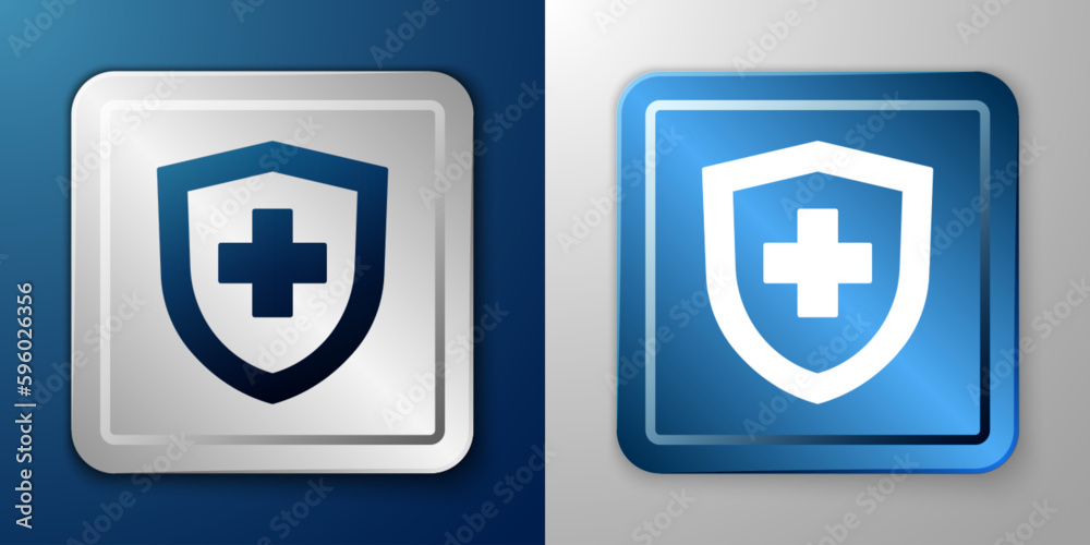 White Life insurance with shield icon isolated on blue and grey background. Security, safety, protection, protect concept. Silver and blue square button. Vector White Life insurance with shield icon isolated on blue and grey background. Security, safety, protection, protect concept. Silver and blue square button. Vector