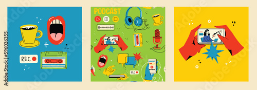 Concept of news, watching video online, podcast, talk show, tv application, live streaming. Hand holding smartphone with man with microphone on screen. Vector illustration in flat style