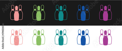 Set Bowling pin icon isolated on black and white background. Juggling clubs, circus skittles. Vector