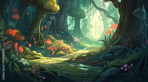 The Mystery Forest with Plants and Flowers and wildlife. Realistic Fantastic Cartoon Style Artwork Scene, Wallpaper, Story Background, Card Design © Volodymyr Skurtul