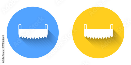 White Two-handed saw icon isolated with long shadow background. Circle button. Vector