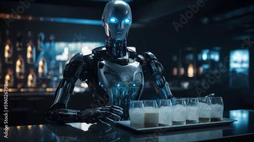 Robot Assistant Standing With cocktails on Serving Tray in nightclub