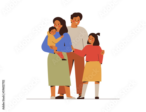 Happy family with children, mother and father stand together. Two parents with their kids embrace with love and care. Family friendly and unity concept. Vector illustration