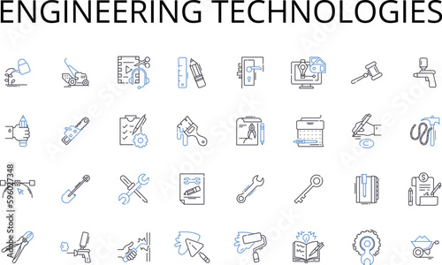 Engineering technologies line icons collection. Computer systems, Environmental sustainability, Industrial automation, Biological sciences, Renewable energy, Civil engineering, Data analytics vector