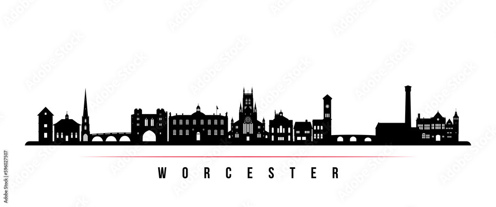 Worcester skyline horizontal banner. Black and white silhouette of Worcester city, UK. Vector template for your design.