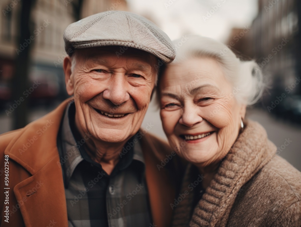 Elderly couple in love smiling. Generative AI Elderly couple in love smiling. Generative AI