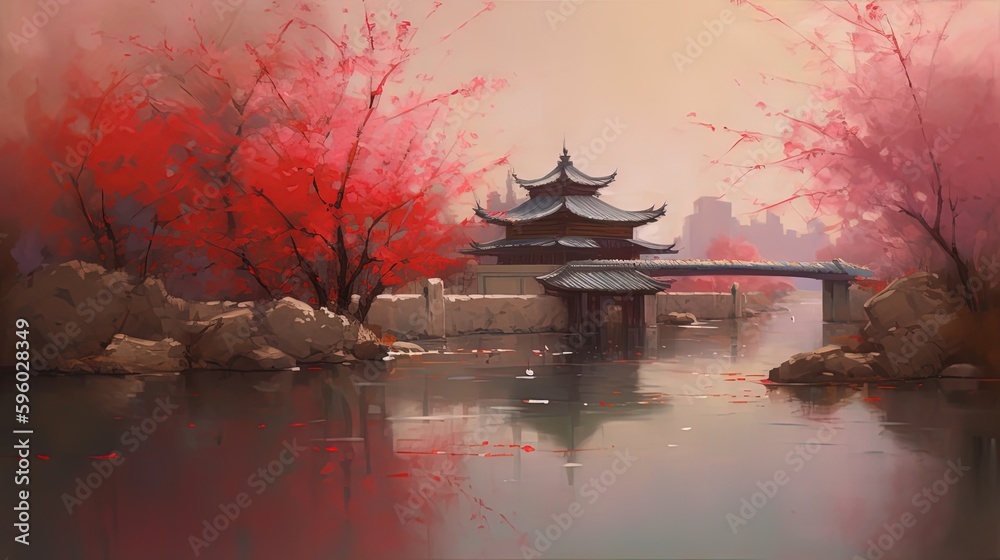Obraz premium illustration of ancient Asian building in park, Generative Ai