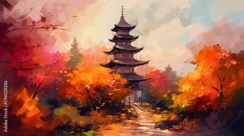illustration of ancient Asian building in park, Generative Ai
