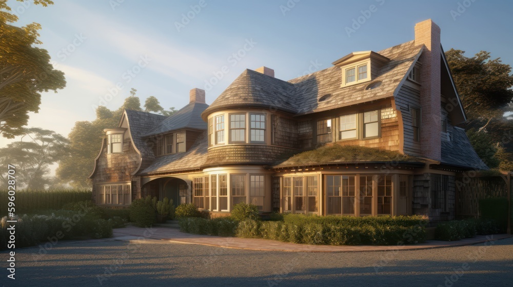 Shingle exterior house design in daytime golden hour generative ai
