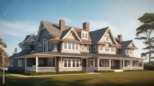 Shingle exterior house design in daytime golden hour generative ai