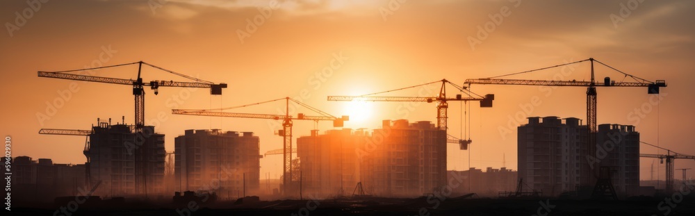 Tower cranes at construction site in city background. Generative AI Tower cranes at construction site in city background. Generative AI