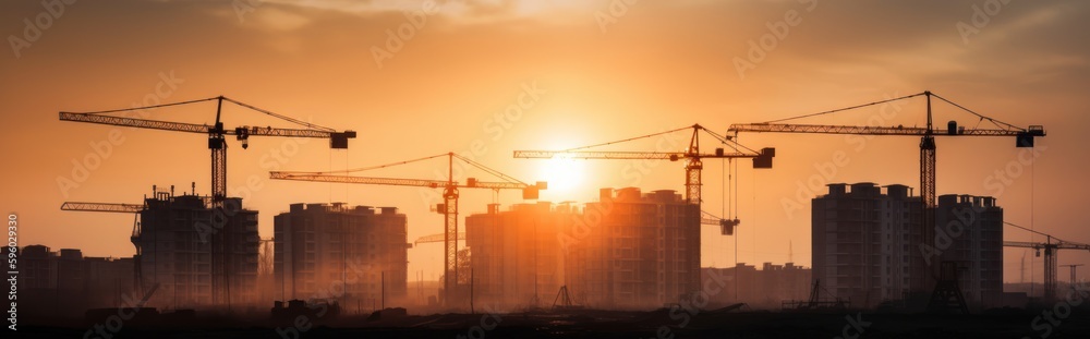 Tower cranes at construction site in city background. Generative AI 