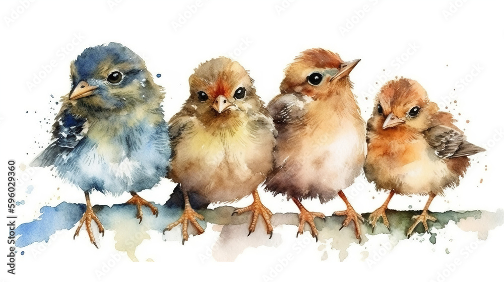 Watercolor baby birds clip art, white isolated background