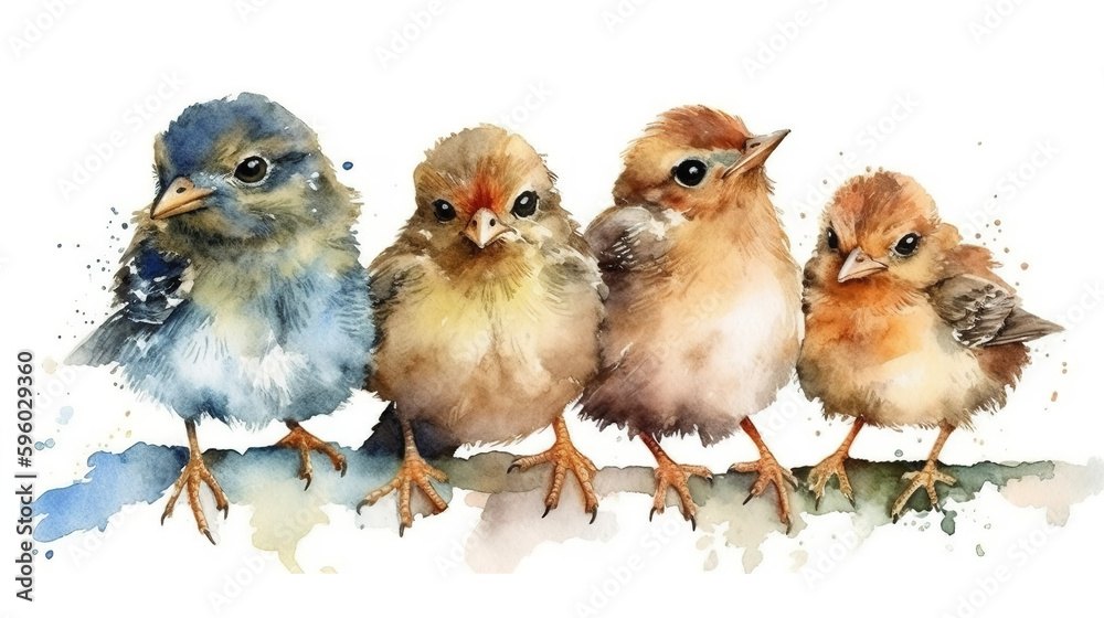 Obraz premium Watercolor baby birds clip art, white isolated background