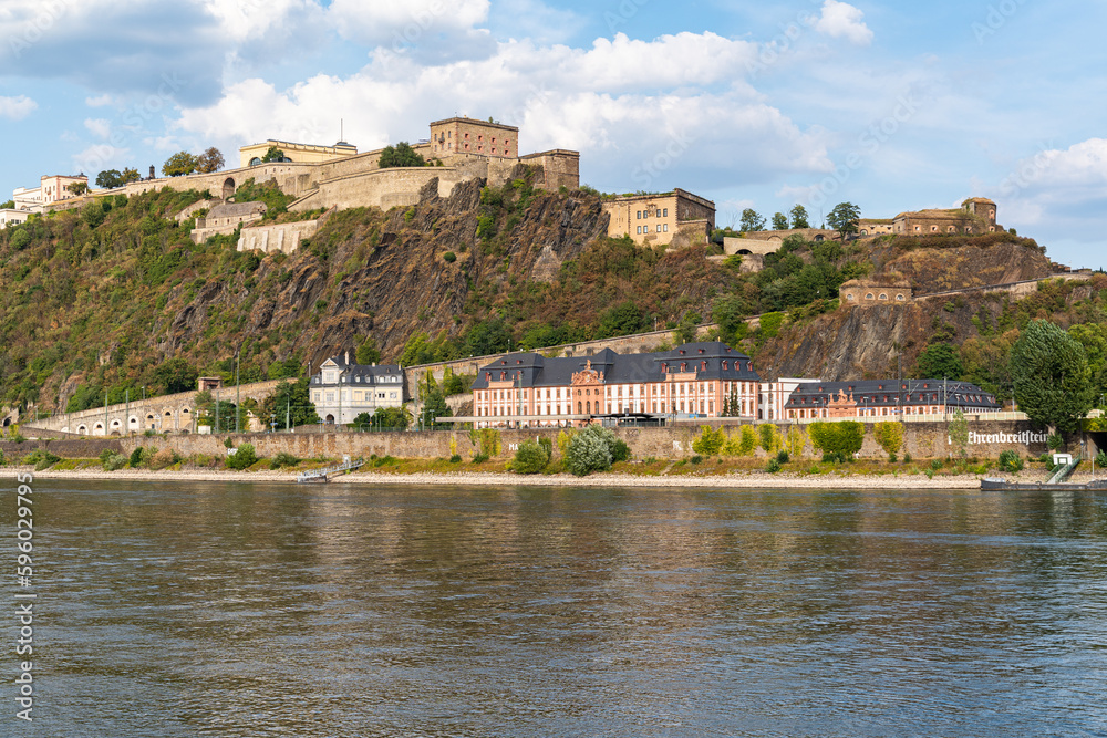 Obraz premium View of Ehrenbreitstein Fortress above the Rhine River, Koblenz most popular historic landmark, Germany