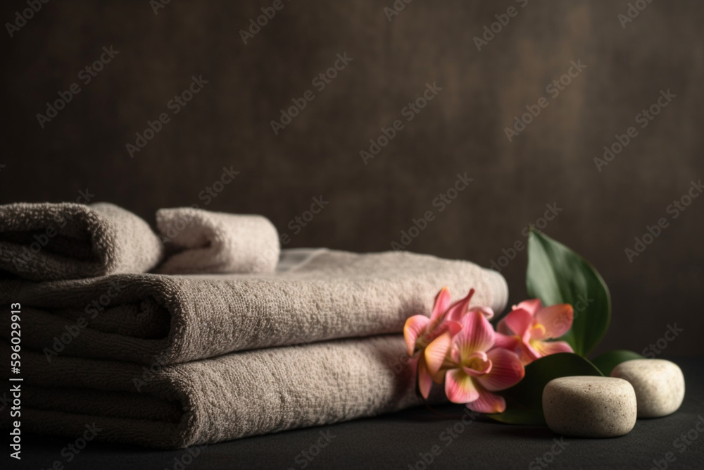 Spa still life with towels and orchid flower on dark background Generative ai Spa still life with towels and orchid flower on dark background Generative ai