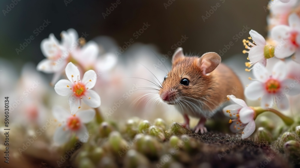 Cute mouse with spring fresh flowers in the deep forest. Wild nature outdoor background with copy space. Generated with AI. Cute mouse with spring fresh flowers in the deep forest. Wild nature outdoor background with copy space. Generated with AI.