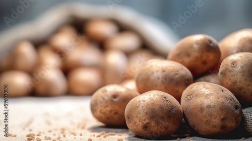 Illustration of organic natural potatoes on blurred background with copy space. Generated with AI.