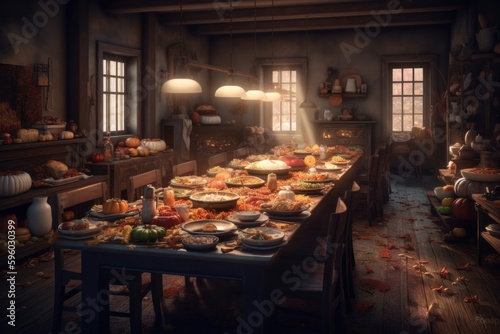 Long table filled with delicious Thanksgiving dishes. The setting a rustic barn , with fall foliage and pumpkins adding to the seasonal atmosphere. Generative AI