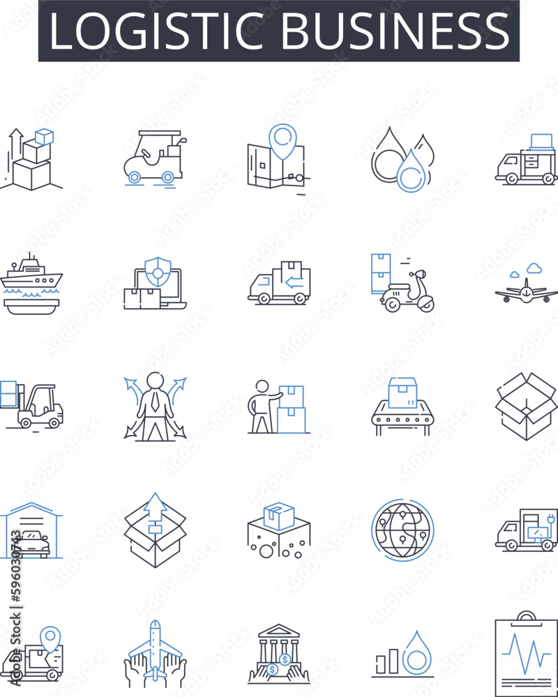 Logistic business line icons collection. Supply chain management, Distribution system, Transportation services, Fleet management, Warehousing operations, Inventory control, Freight forwarding vector