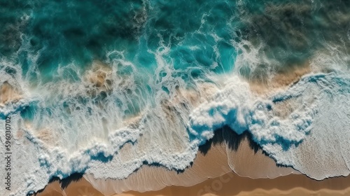 Ocean waves on the beach as background. Top down view of the beach and sea. Generative AI 