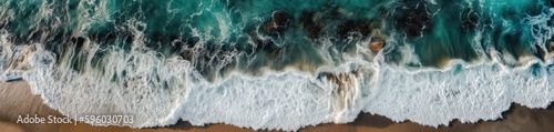 Ocean waves on the beach as background. Top down view of the beach and sea. Generative AI  © Viktor