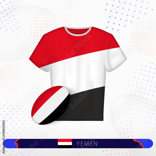 Yemen rugby jersey with rugby ball of Yemen on abstract sport background.