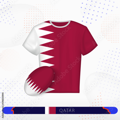 Qatar rugby jersey with rugby ball of Qatar on abstract sport background.