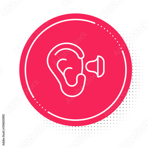 White line Earplugs and ear icon isolated on white background. Ear plug sign. Noise symbol. Sleeping quality concept. Red circle button. Vector