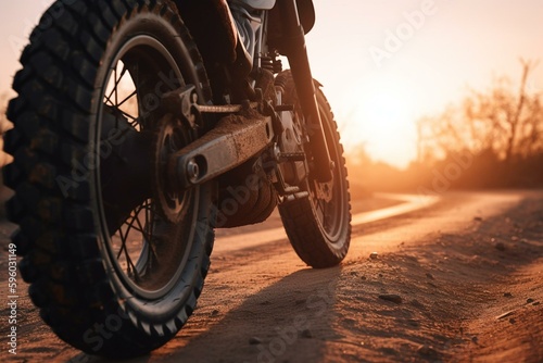 Motorcycle tire on dirt road in evening sun. Generative AI © Moriko